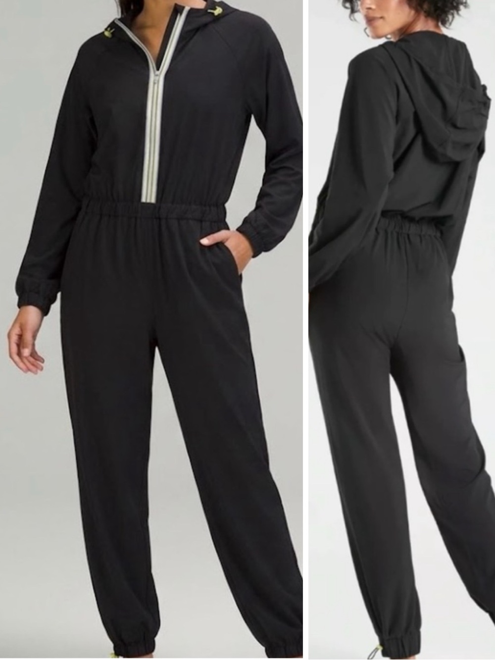 Athleta Jumpsuit Romper Black Hooded Long-Sleeve Contrast Zip Gym Workout Size 6